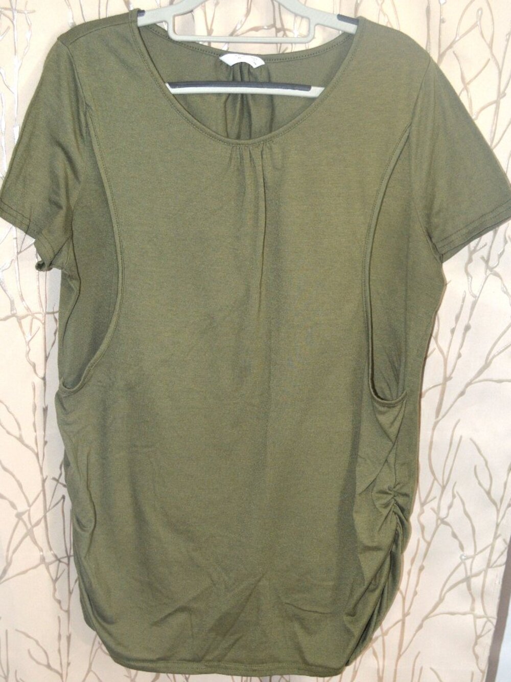 Olive Green Maternity Nursing Tunic Top, Short Sleeve, Rushed Sides XL